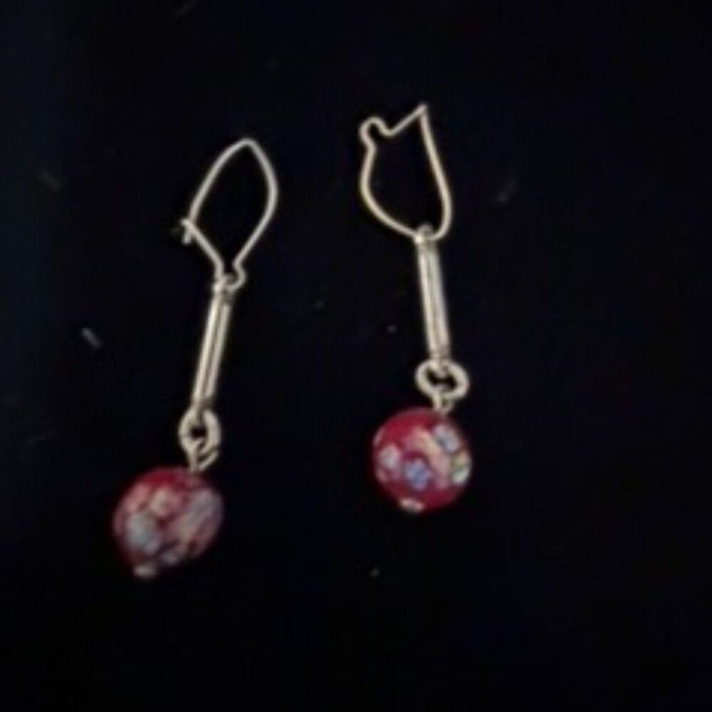 vtg italian murano venetian red fiorato glass dangle earrings